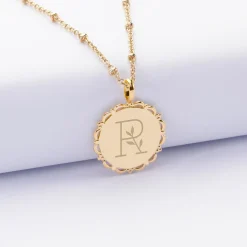 Pendentif personnalisé médaille vintage dentelée gravée plaqué or 17 mm