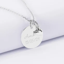 Pendentif personnalisé médaille gravée argent 19 mm et breloque petit coeur bombé 7 mm - HappyBulle x Atelier Wagram