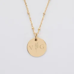 Pendentif personnalisé médaille gravée plaqué or 15 mm - Edition spéciale mariage Initiales Florales