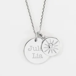 Pendentif personnalisé médaille gravée argent 19 mm et breloque soleil scintillant 14 mm