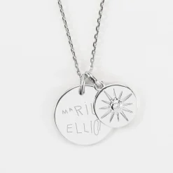 Pendentif personnalisé médaille gravée argent 19 mm et breloque soleil scintillant 14 mm