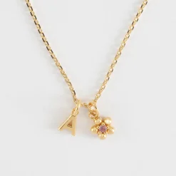 Pendentif personnalisé médaille plaqué or lettre initiale 5 mm et breloque fleur zircon plaqué or 8 mm