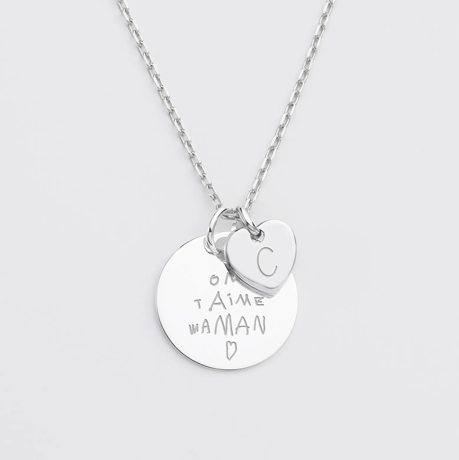 Pendentif personnalisé médaille gravée argent 19 mm et breloque coeur 10 mm