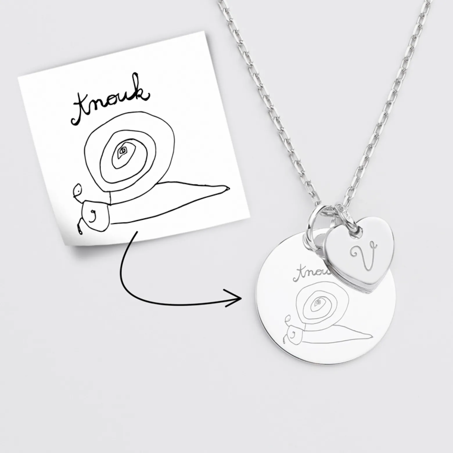 Pendentif personnalisé médaille gravée argent 19 mm et breloque coeur 10 mm