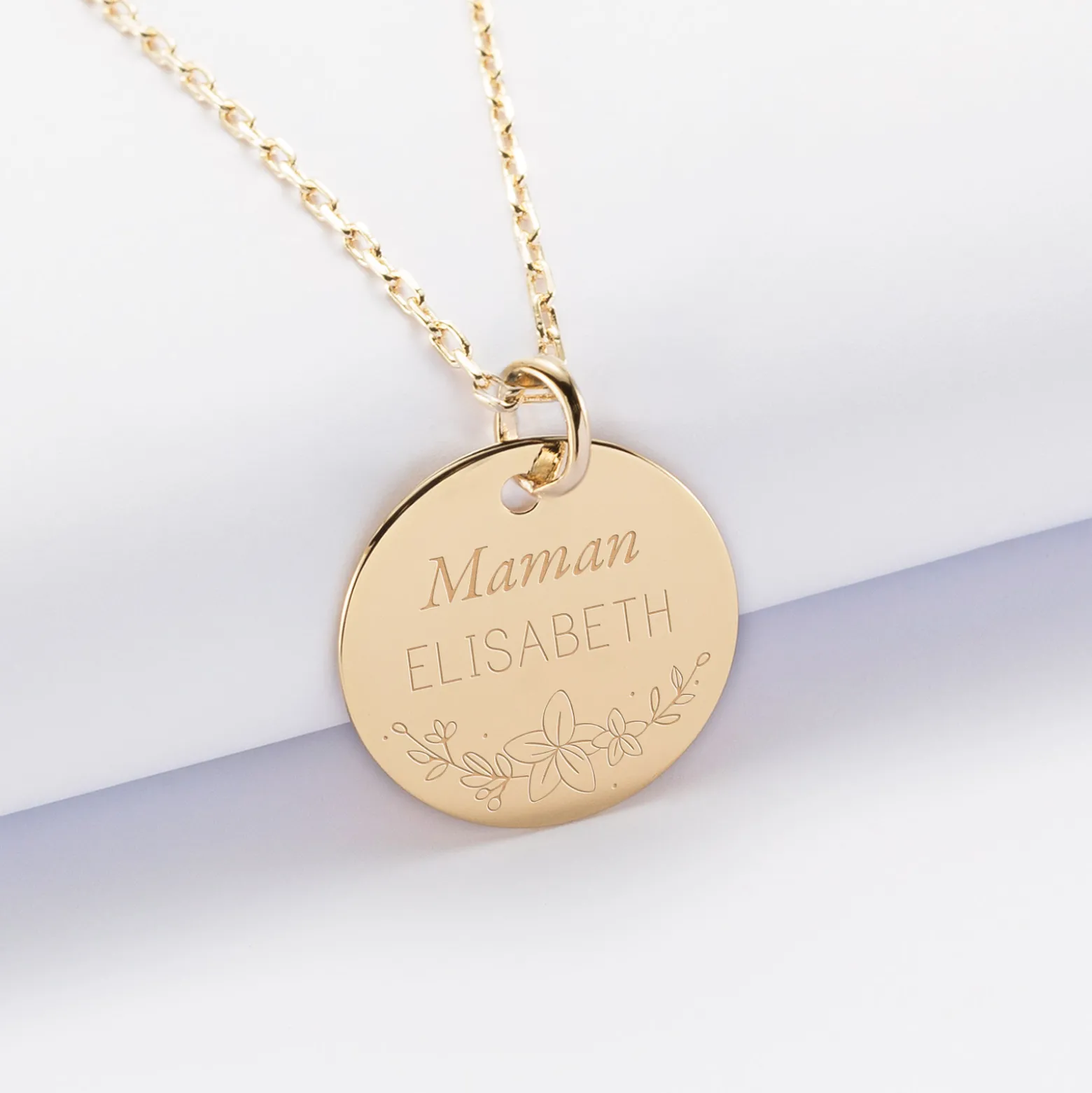 Pendentif personnalisé médaille gravée plaqué or 19 mm - Edition spéciale Ornement floral