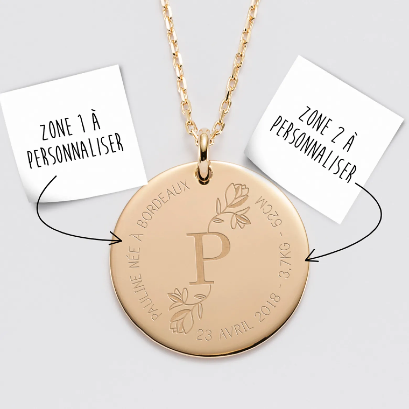 Pendentif personnalisé médaille gravée plaqué or 27 mm - édition spéciale "Initiale Florale"