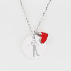 Pendentif personnalisé médaille gravée argent 19 mm et breloque coeur email 10 mm