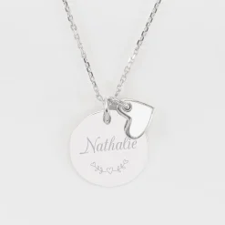 Pendentif personnalisé médaille gravée argent 19 mm et breloque coeur email 10 mm