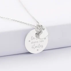 Pendentif personnalisé médaille gravée argent 19 mm et breloque coeur email 10 mm