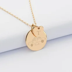 Pendentif personnalisé médaille gravée plaqué or 19 mm et breloque coeur 10 mm