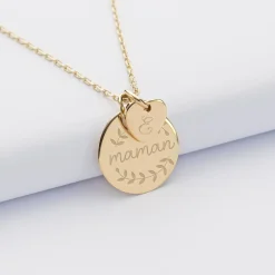 Pendentif personnalisé médaille gravée plaqué or 19 mm et breloque coeur 10 mm