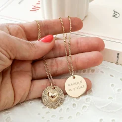 Pendentif personnalisé médaille soleil coeur bombé gravée plaqué or 19 mm