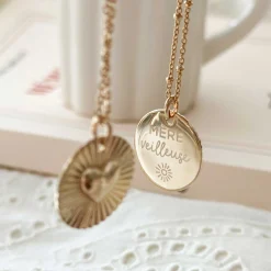 Pendentif personnalisé médaille soleil coeur bombé gravée plaqué or 19 mm