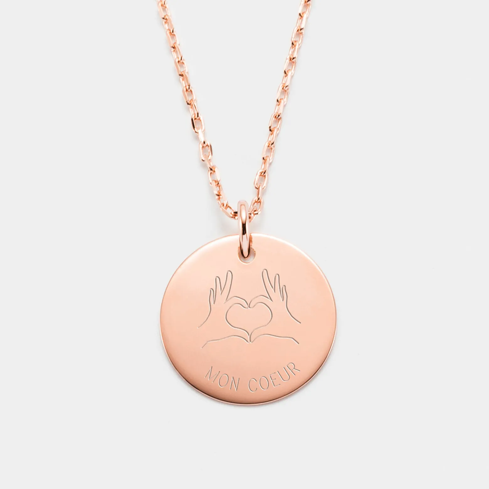 Pendentif personnalisé médaille gravée plaqué or rose 19 mm - Edition spéciale Love hand