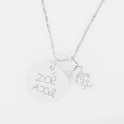 Pendentif personnalisé médaille gravée argent 19 mm et breloque petite fille scintillante 12 mm