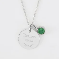 Pendentif personnalisé médaille gravée argent 19 mm et breloque pierre naturelle 8 mm