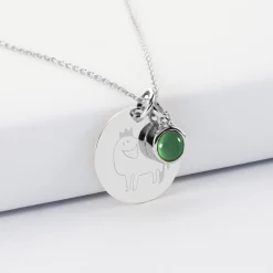 Pendentif personnalisé médaille gravée argent 19 mm et breloque pierre naturelle 8 mm
