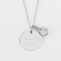 Pendentif personnalisé médaille gravée argent 19 mm et breloque pierre naturelle 8 mm