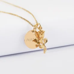Pendentif personnalisé médaille gravée plaqué or 15 mm et breloque rose 19 mm