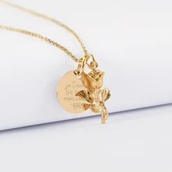 Pendentif personnalisé médaille gravée plaqué or 15 mm et breloque rose 19 mm