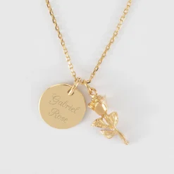 Pendentif personnalisé médaille gravée plaqué or 15 mm et breloque rose 19 mm