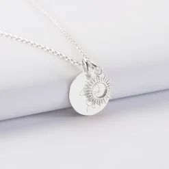 Pendentif personnalisé médaille gravée argent 15 mm et breloque soleil 10 mm