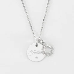 Pendentif personnalisé médaille gravée argent 15 mm et breloque soleil 10 mm