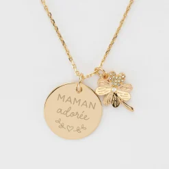 Pendentif personnalisé médaille gravée plaqué or 19 mm et breloque trèfle scintillant 15 mm