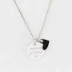 Pendentif personnalisé médaille gravée argent 15 mm et breloque coeur email 10 mm