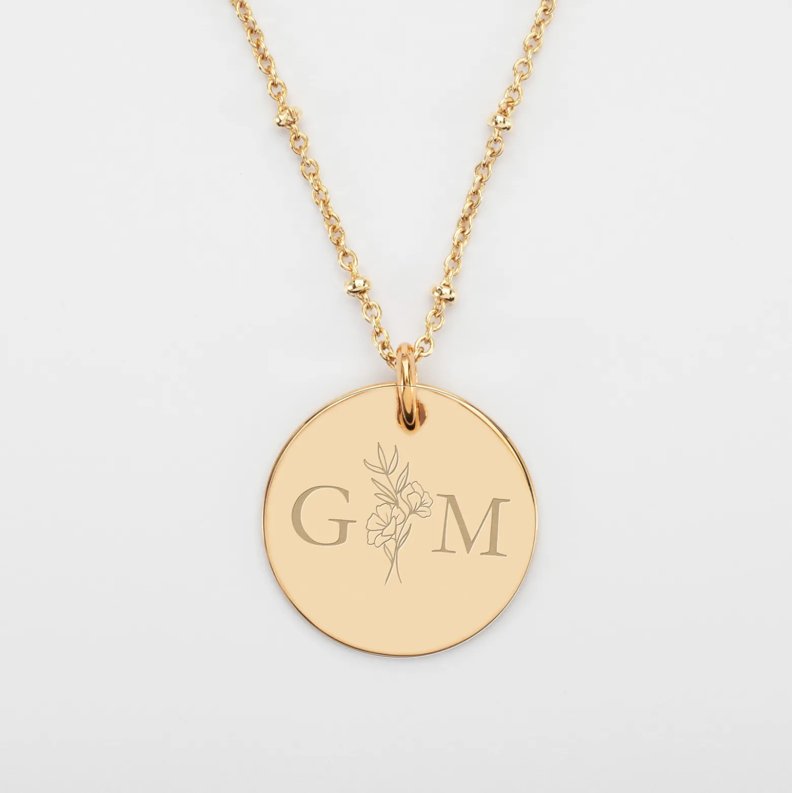 Pendentif personnalisé médaille gravée plaqué or 19 mm - Edition spéciale mariage Initiales Florales