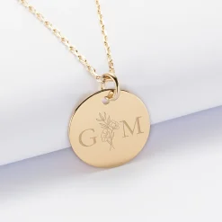 Pendentif personnalisé médaille gravée plaqué or 19 mm - Edition spéciale mariage Initiales Florales