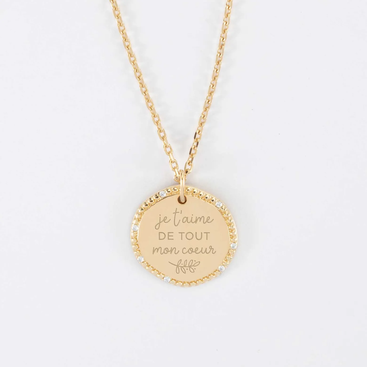 Pendentif personnalisé médaille contour scintillant gravée plaqué or 16 mm