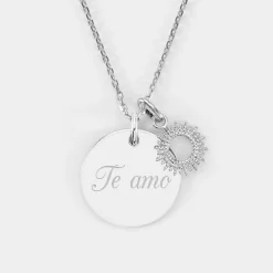 Pendentif personnalisé médaille gravée argent 19 mm et breloque soleil 10 mm