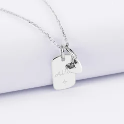 Pendentif personnalisé médaille gravée argent rectangle 17x11 mm et breloque petit coeur bombé 7 mm - HappyBulle x Atelier Wagram