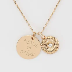 Pendentif personnalisé médaille gravée plaqué or 19 mm et breloque tournesol scintillant 14 mm