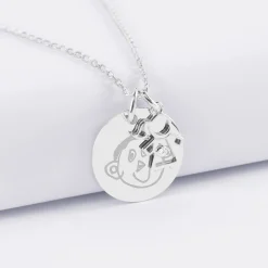 Pendentif personnalisé médaille gravée argent 19 mm et breloque petite fille zircon 12 mm