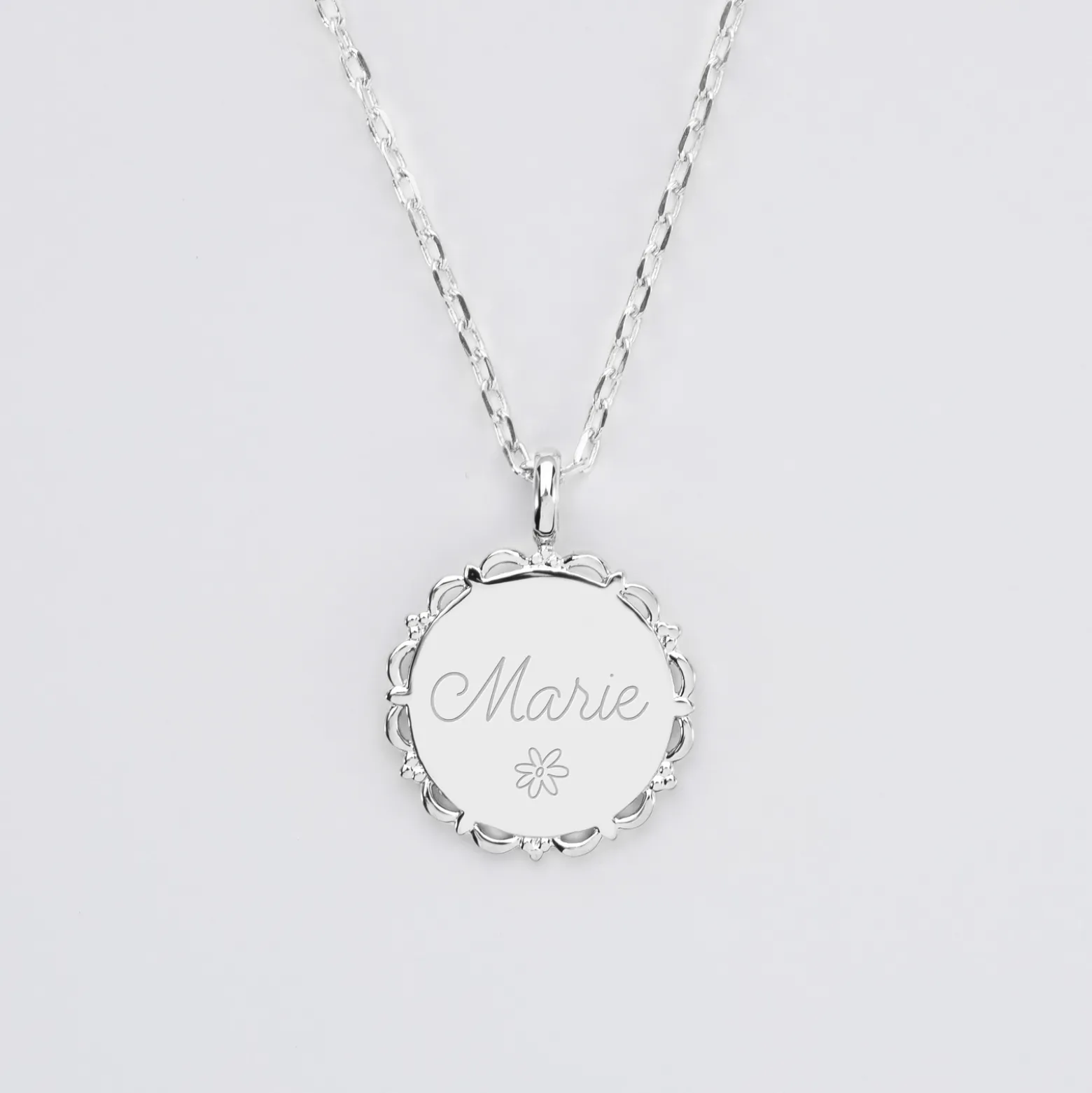 Pendentif personnalisé médaille vintage dentelée gravée argent 17 mm