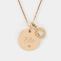 Pendentif personnalisé médaille gravée plaqué or 19 mm et breloque soleil 10 mm