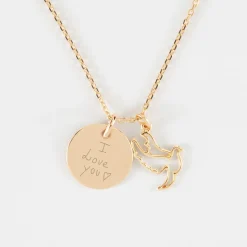 Pendentif personnalisé médaille gravée plaqué or 15 mm et breloque colombe 18 mm