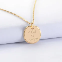 Pendentif personnalisé médaille contour tressé gravée plaqué or 17 mm