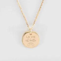 Pendentif personnalisé médaille contour tressé gravée plaqué or 17 mm
