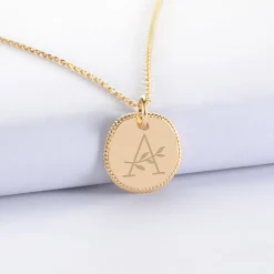 Pendentif personnalisé médaille contour tressé gravée plaqué or 17 mm