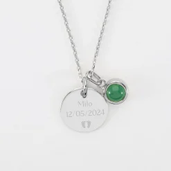 Pendentif personnalisé médaille gravée argent 15 mm et breloque pierre naturelle 8 mm