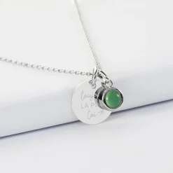 Pendentif personnalisé médaille gravée argent 15 mm et breloque pierre naturelle 8 mm
