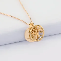 Pendentif personnalisé médaille gravée plaqué or 15 mm et breloque arbre de vie contour torsadé 16 mm
