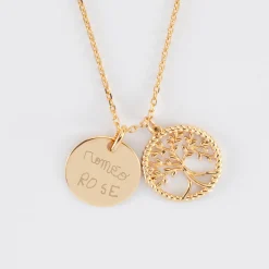 Pendentif personnalisé médaille gravée plaqué or 15 mm et breloque arbre de vie contour torsadé 16 mm