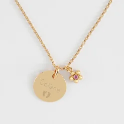 Pendentif personnalisé médaille gravée plaqué or 15 mm et breloque fleur zircon plaqué or 8 mm