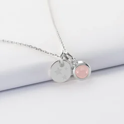 Pendentif personnalisé médaille gravée argent 10 mm et breloque pierre naturelle 8 mm
