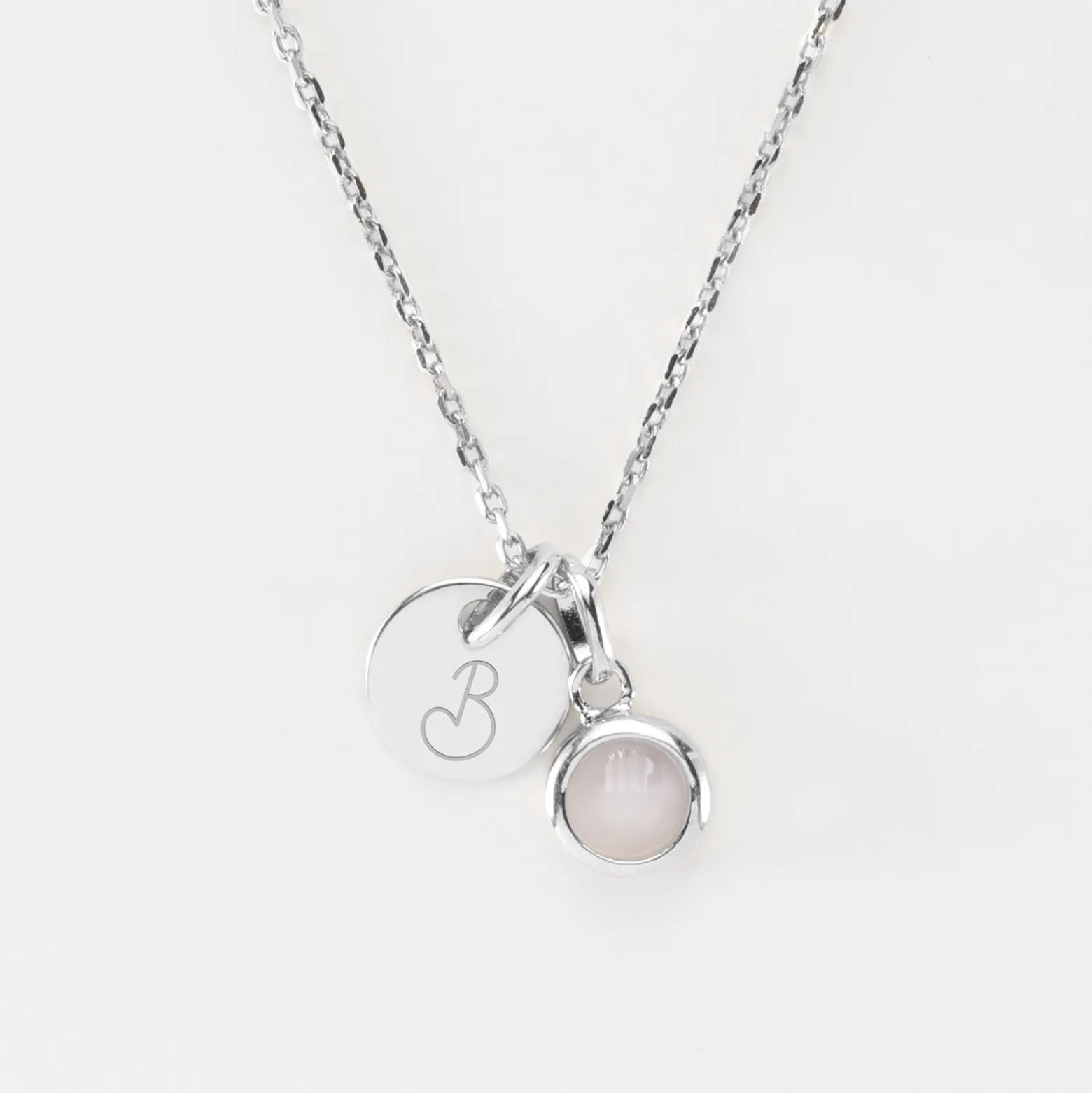 Pendentif personnalisé médaille gravée argent 10 mm et breloque pierre naturelle 8 mm