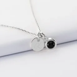 Pendentif personnalisé médaille gravée argent 10 mm et breloque pierre naturelle 8 mm